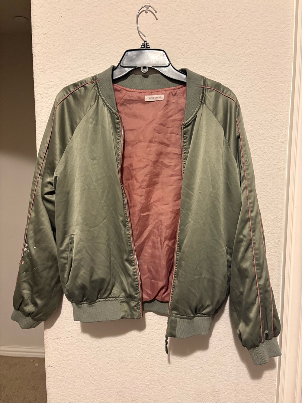 Satin Olive Green Bomber Jacket with Rose Interior